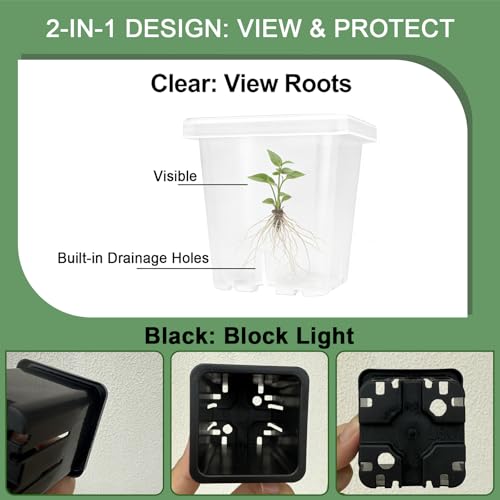 2 Inch Square Nursery Pots, 50 Pack (25 Clear + 25 Black) Seedling Starter Pots, Plastic Plant Pots with Drainage Holes, for Seed Germination, Root View, and Light Blocking - color: Clear + Black (50pcs)