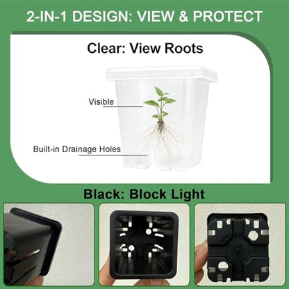 2 Inch Square Nursery Pots, 50 Pack (25 Clear + 25 Black) Seedling Starter Pots, Plastic Plant Pots with Drainage Holes, for Seed Germination, Root View, and Light Blocking - color: Clear + Black (50pcs)
