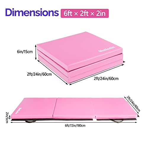 Matladin 6' Folding Tri-fold Gymnastics Gym Exercise Aerobics Mat, 6ft x 2ft x 2in PU Leather Tumbling Mats with Hook & Loop Fastener for Stretching Yoga Cheerleading Martial Arts - color: Pink