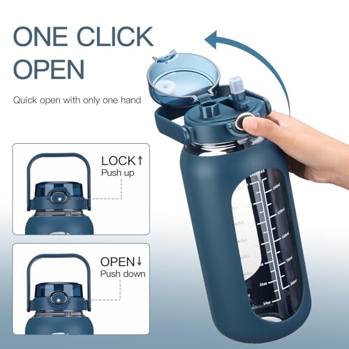 chunmo 52oz Glass Water Bolttles with Straw Half Gallon Large Motivational Water Bottle - color: Dark Blue, size: 52 Ounces