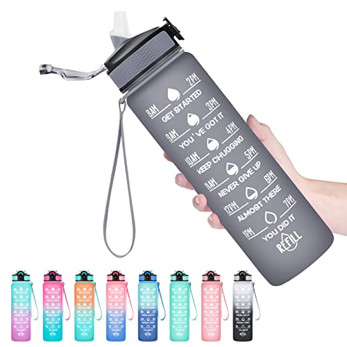 Hyeta Water Bottle with Straw & Time Marker, Plastic 32oz Leakproof - color: Grey Matte
