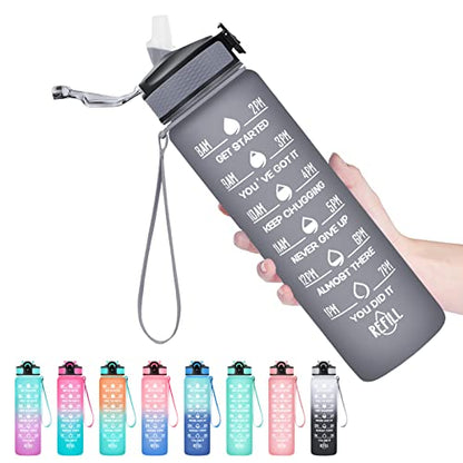 Hyeta Water Bottle with Straw & Time Marker, Plastic 32oz Leakproof - color: Grey Matte