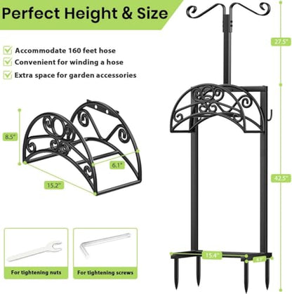 TomCare Garden Hose Holder Upgraded Water Hose Holder Heavy Duty 4 Spikes Hose Hanger Holds 160 Feet Hoses Stable Freestanding Hose Storage Organizer for Outside Yard - color: Deep Black