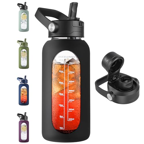 CIVAGO 32 oz Glass Water Bottle with Detachable Straw and Time Maker - color: Black, size: 32 Ounces