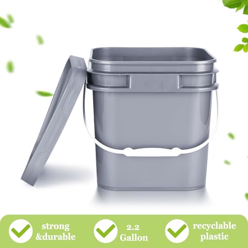 10 Pcs 2.2 Gallon Square Bucket with Lid Food Grade Plastic Bucket 10L Utility Industrial Pail with Handle Container for Food Oil Tub Water Fishing Paint House Cleaning Car Washing(Gray)