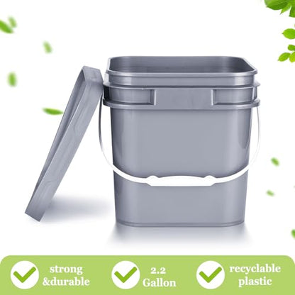 10 Pcs 2.2 Gallon Square Bucket with Lid Food Grade Plastic Bucket 10L Utility Industrial Pail with Handle Container for Food Oil Tub Water Fishing Paint House Cleaning Car Washing(Gray)