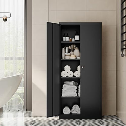 Metal Storage Cabinet-71” Tall Steel File Cabinets with Lockable Doors and Adjustable Shelves-Black Steel Storage Cabinet for Home,Kitchen, School, Office, Garage