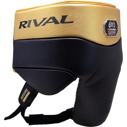 RIVAL Boxing RNFL100 Professional No-Foul Groin Protector with Laces, Dual Waist Straps, Ultra-Lightweight Construction, and Super-Rich Microfibre PU - color: Black/Gold, size: Small