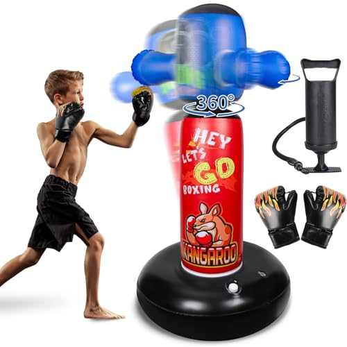Punching Bag for Kids with 360° Rotating Head, Hyperzoo 63" Heavy-Duty Inflatable Boxing Bag with Glove, Freestanding Punching Bag Toy for Boys & Girls Ages 5–12 – Great - style: Kangaroo
