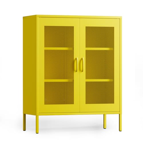 Metal Cabinet, Metal Storage Cabinets with 2 Mesh Doors and Adjustable Shelves, Locker Cabinet Storage for Coffee Bar TV Stand Bedroom Office Kitchen Buffet Sideboard Bookcase, Yellow 40''H - color: Yellow