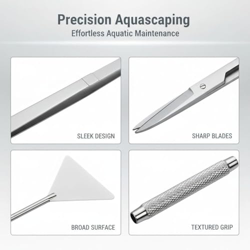 6 Pcs Stainless Steel Aquascaping Tools Kit, Aquarium Plant Tools Set, includes Algae Scraper, 15 in/38 cm Tweezers, 11.8 in/30 cm Scissors, 12.6 in/32 cm Sand Spatula, with Acrylic Holder, Silver