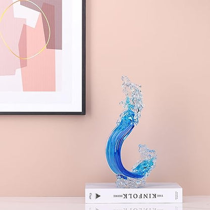 Blue Glass Beach House Decor, Hand Blown Ocean Wave Decorate, Tall Blue Glass Sculpture Home Decor, Ocean Wave Fused Art Figurines, for Sea Art Beach Coastal Nautical Office Surfers Gifts