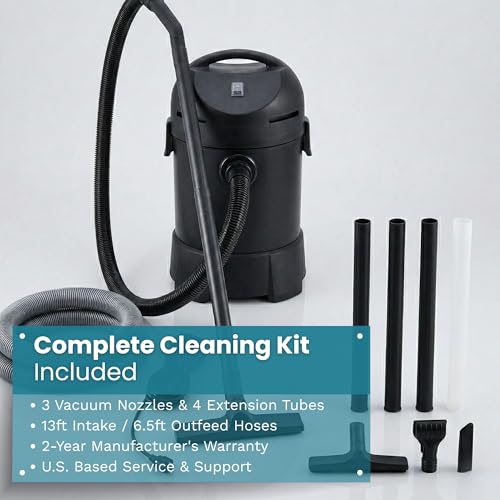 CleanSweep 1400 Pond Vacuum with a 13' Intake Suction Hose, 4 Extension Tubes, 3 Vacuum Nozzles, a 6.5 Foot Output Hose, and a Debris Collection Bag | 13 ft intake hose, 6.5 ft output hose, 4 extension tubes, 3 nozzles, Debris collection bag