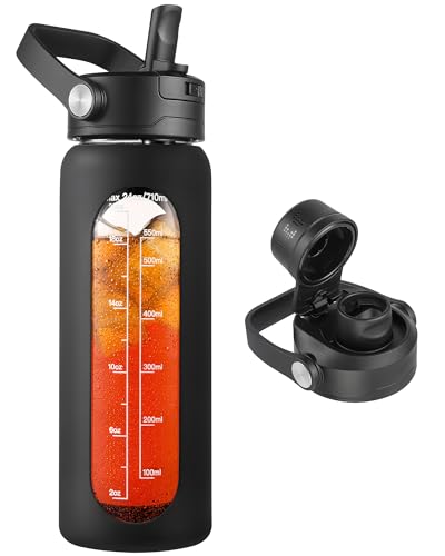 CIVAGO 24 oz Glass Water Bottle with Detachable Straw and Time Maker - color: Black, size: 24 Ounces