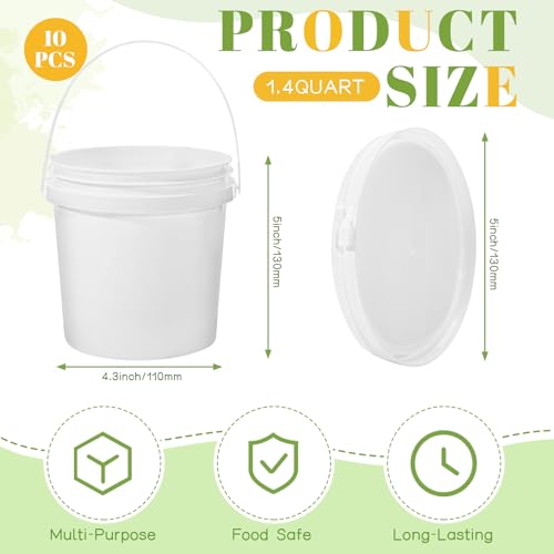 10 Pack 1.4 Quart White Plastic Storage Buckets with Airtight Lids & Built-in Handles, Stackable Portable Containers for Dry Food, Paint, Camping Gear & Fishing Accessories