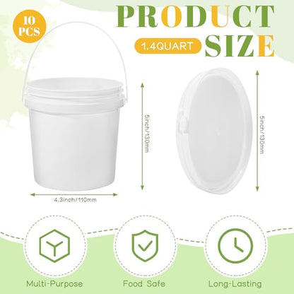 10 Pack 1.4 Quart White Plastic Storage Buckets with Airtight Lids & Built-in Handles, Stackable Portable Containers for Dry Food, Paint, Camping Gear & Fishing Accessories