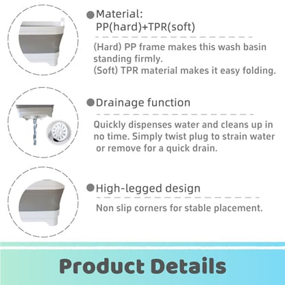 Collapsible Wash Basin with Drain Plug - 2.4 Gallon Foldable Kitchen Sink for Baby Bottles, RV Camping, Space-Saving Dish Tub (Gray)