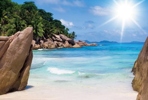 5x3ft Seaside Scenery Backdrop Spring Sunshine Coast Rocky Seashore Island Landscape Background for Photography Sea Beach Kids Holiday Travel Vacation Trip Photo Portrait Shooting Vinyl - size: 5x3ft