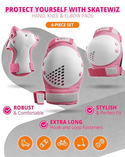 SKATEWIZ Skateboard Pads Protective Gear Set for Kids and Adults - Smash - Roller Skate Pads [6pc] with Wrist Guards - Skating Protective Gear - Roller Derby - color: Pink White, size: L - Teens/Adults