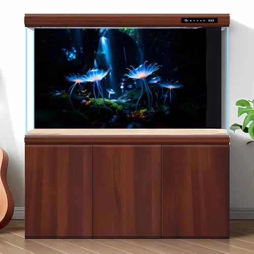 Dreamy Forest Scene Aquarium Background Mysterious Translucent Blue Petals Fish Tank Background Enchanted Moss-Covered Cave Ground Terrarium Backgrounds Light Beams Glowing Flowers Backgrounds 48x24in