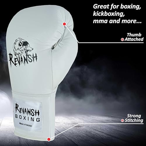Revansh Prolace Cowhide Leather Boxing Gloves - Unisex, Professional Training & Sparring - Black and White - Sizes: 12 oz, 14 oz, 16 oz - color: White, size: 12 oz