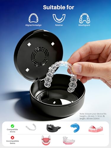 Voraiya UV Retainer Case with Fan, UVC Retainer Cleaner, Aligner Case Includes Vent Holes and Mirror, Portable Retainer Holder Box for Mouth Guard, Aligners, Night Guard (Black)