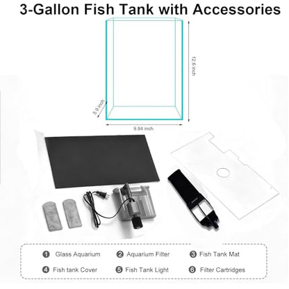 3 Gallon Glass Fish Tank with Filter and Light, Small Betta Aquariums Starter Kit. - size: 3 Gallon