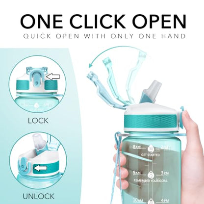 Hyeta Plastic Water Bottle With Straw & Time Marker, 32oz Leakproof Jug - color: Clear Lake Blue
