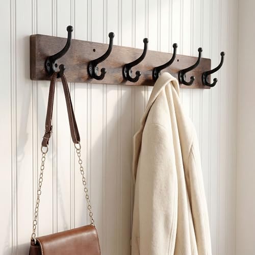 WEBI Rustic Coat Rack Wall Mount,24" Long 6 Cast Iron Coat Hooks Wall Mounted,Heavy Duty Wood Wall Coat Hanger Hooks for Hanging Coats,Jacket,Clothes,Backpack,Farmhouse,Rustic Brown - color: Rustic Brown, size: 24 Inch