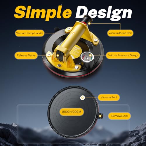 Suction Cups for Glass, 8" Tile Suction Cup Tool, 260KG Max Load, Pressure Gauge, Towel & Gloves, Heavy-Duty Vacuum Lifter for Window, Windshield, Marble, Granite and Metal (2-Pack)