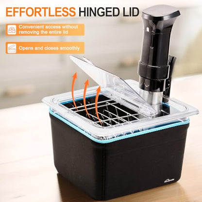 Sous Vide Container 12 Quart with Universal Collapsible Hinged Lid,Complete Sous Vide Accessories Kit BPA Free,Compatible with Anova and Most Sous Vide Cookers（With Rack and Sleeve）