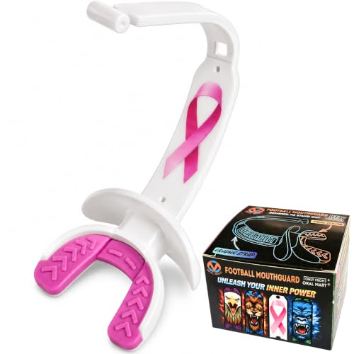 ORAL MART 2026 Youth Football Mouthpiece for Kids - Football Pacifier Mouth Guard with Graphic Permanent Strap (Dual-Color) - Lip Guard Mouth Guard (for Braces) - Instant Fit (No Boil) - color: Breast Cancer Awareness (Pink Ribbon)