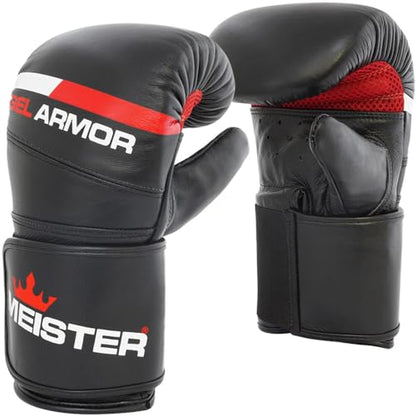Meister Gel Armor Full-Grain Cowhide Leather Bag Mitts | Ergonomic wrist support with quick slip-on design for heavy bag work, pad work and boxing training - size: XX-Large (18oz)