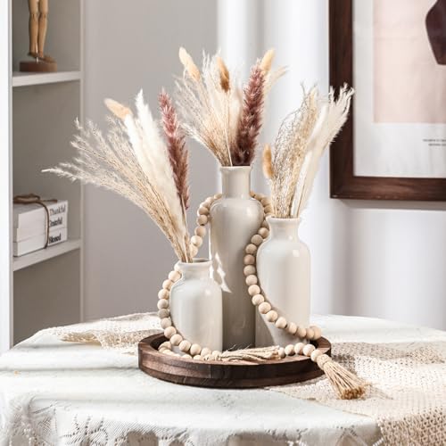 5 Pcs Rustic Country Tabletop Centerpieces Decor Set of 3 Boho Ceramic Vases with Wooden Serving Tray Wood Bead Garland Tassels Table Holder for Home Decorations(Dark Brown)