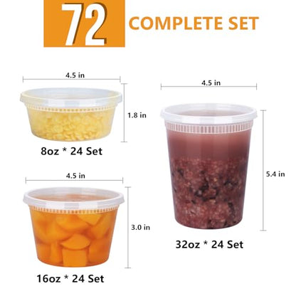 72 Sets (144-Piece) Deli Containers with Lids, 32/16/8 oz X 24 Set Each, Leak-Proof & BPA Free Airtight Takeout Plastic Food Storage Containers for Soup, Meal Prep,Microwave/Freezer Safe - size: 32/16/8 oz X 24 Set