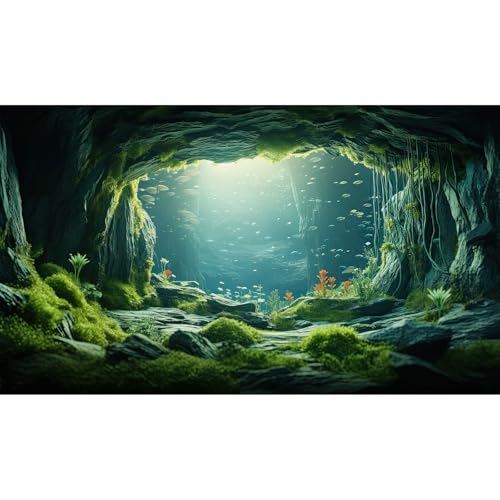 Underwater Aquarium Background Undersea Cave Large Rocks Fish Tank Background Aquatic Plant Lush Green Moss Terrarium Backgrounds Ocean Seabed Caves Landscape Reptile Tank Backgrounds 24x12in - size: 24(W)x12(H)inches/ 60(W)*30cm(H)