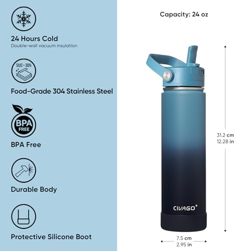 CIVAGO 24 oz Insulated Stainless Steel Water Bottle with Removable Straw | Large Leakproof Metal Water Jug, Sports Thermal Flask Cup with Bucket Handle, Silicone Boot, Dishwasher Safe, BPA-Free, Navy - color: .Navy, size: 24 Ounces