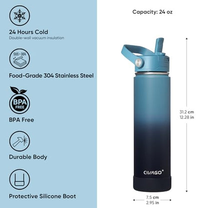 CIVAGO 24 oz Insulated Stainless Steel Water Bottle with Removable Straw | Large Leakproof Metal Water Jug, Sports Thermal Flask Cup with Bucket Handle, Silicone Boot, Dishwasher Safe, BPA-Free, Navy - color: .Navy, size: 24 Ounces