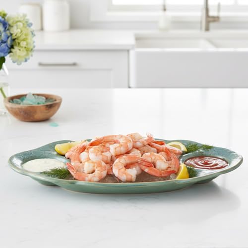 American Made Stoneware 13" Shrimp Serving Plate Tray, Ocean Lace Pottery Collection
