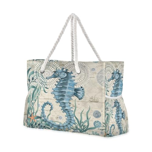 senya Large Beach Bags Totes Canvas Tote Shoulder Bag Soft Wave Water Resistant Bags for Gym Travel Daily Ocean - color: Ocean Seahorse Vintage