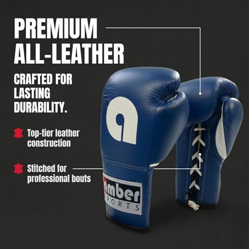 Amber Fight Gear Professional Leather Fight Gloves – Competition Ready Boxing & Kickboxing Gloves – Padded Multi-Layered Foam – Pre-Curved Safety Design – Sizes 8oz, 10oz, 12oz – Red & Blue - color: Blue, size: 12 oz