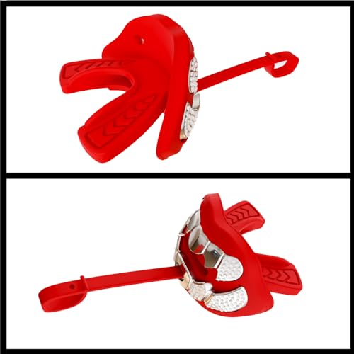 LeCool Football Mouth Guard with Connected Strap- 3D Beast Chrome Adult and Youth Mouth Guard-Mouth Piece for Sports for Maximum Air Flow and Teeth Protection - color: Red-silver
