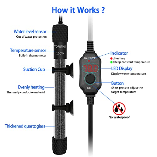Adjustable Mini Aquarium Heater 10-20 Gallons Submersible Small Fish Tank Heater 100W Digital Display Thermostat External Temperature Controller (100W) - size: 100W