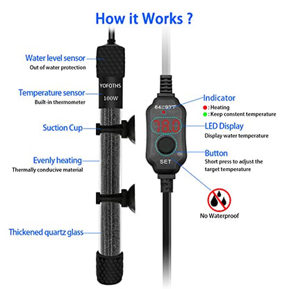 Adjustable Mini Aquarium Heater 10-20 Gallons Submersible Small Fish Tank Heater 100W Digital Display Thermostat External Temperature Controller (100W) - size: 100W