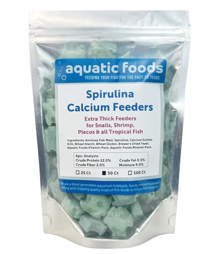Spirulina Enriched Calcium Feeders for Shrimp, Snails, Crabs, Crayfish, Pleco, Catfish, All Tropical Fish…50 Count Bag