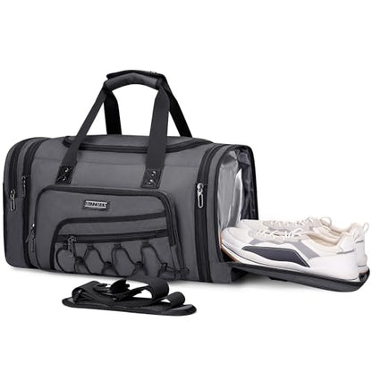 WITZMAN Mens Duffle Bag Expandable 45L Travel Gym with Shoe Compartment - color: Silvery Grey