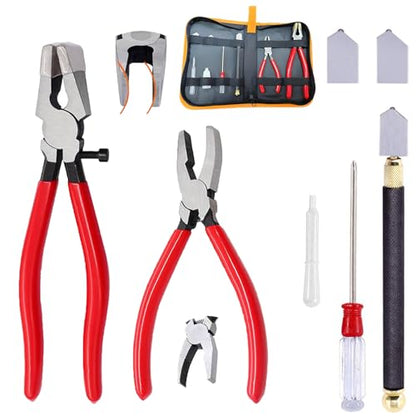 Tayfeim Glass Cutters Tools Set Glass Cutting Tool kit Glass Cutter Glass Running Pliers Breaker Grozer Pliers Stained Glass Tools with Curved Jaws Zipper Package - color: A KIT