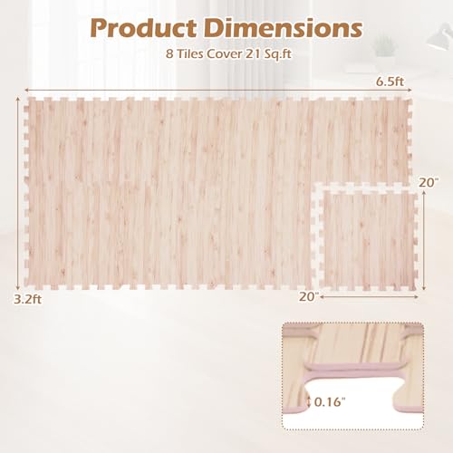 Giantex Wood Grain Floor Tiles Foam Mat, 8 PCS EVA Foam Puzzle Mats, 20'' x 20'' Interlocking Exercise Mat, Floor Padding for Furniture, Living Room, Bedroom, Gym, Home Office, Basement, Light Oak - size: 21 sq. ft. (8 pcs)