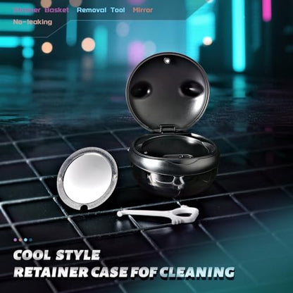 Retainer Case Denture Bath Case Basket Mirror Leak-proof Black Cat - color: Black Cat