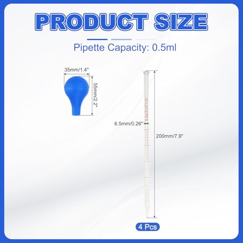 PATIKIL Graduated Dropper Pipettes Kit, 4pcs 0.5ml Borosilicate Glass Pipette with Rubber Cap for Transfer Liquid for Lab, Chemistry, Clear - size: 0.5ml